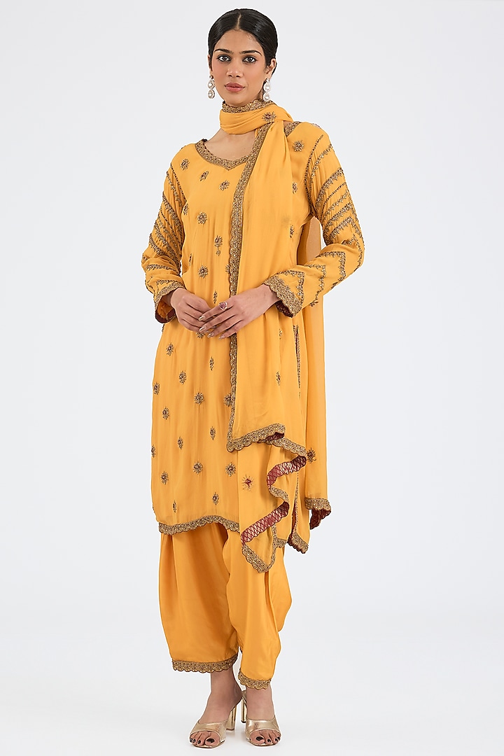 Mustard Yellow Georgette Hand & Machine Embroidered Kurta Set by NITIKA GUJRAL at Pernia's Pop Up Shop