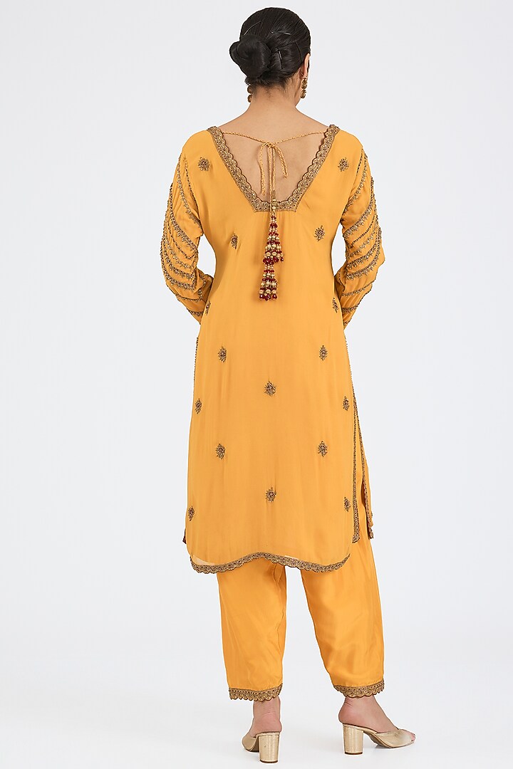 Mustard Yellow Georgette Hand & Machine Embroidered Kurta Set by NITIKA GUJRAL at Pernia's Pop Up Shop