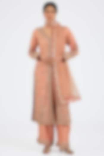 Peach Raw Silk Hand & Machine Embroidered Jacket Set by NITIKA GUJRAL at Pernia's Pop Up Shop