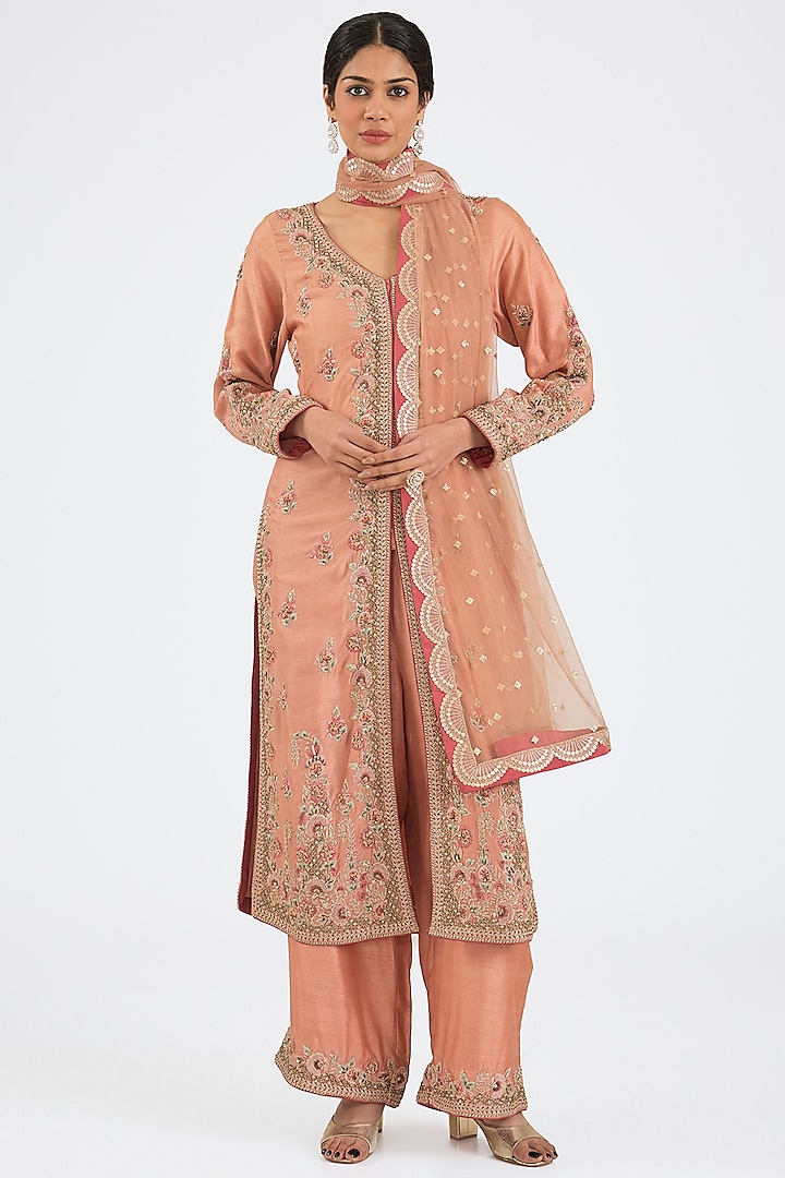 Peach Raw Silk Hand & Machine Embroidered Jacket Set by NITIKA GUJRAL at Pernia's Pop Up Shop