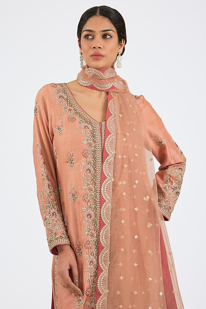 Peach Raw Silk Hand & Machine Embroidered Jacket Set by NITIKA GUJRAL at Pernia's Pop Up Shop
