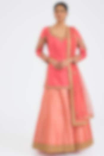 Coral Pink Taffeta Sequins Embroidered Wedding Lehenga Set by NITIKA GUJRAL at Pernia's Pop Up Shop