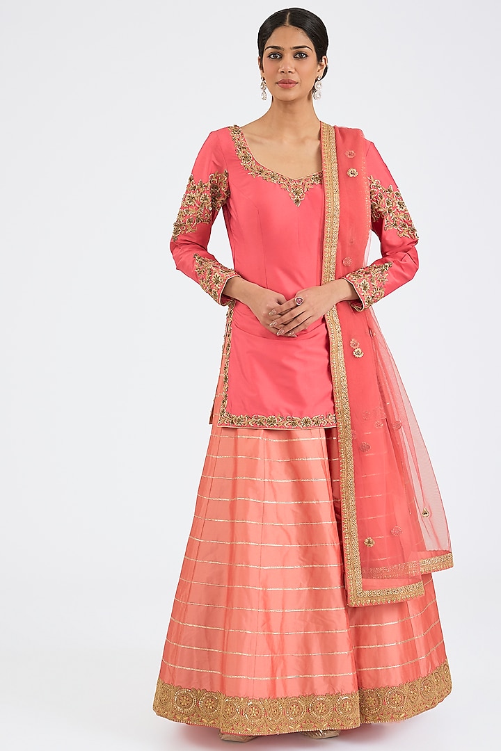 Coral Pink Taffeta Sequins Embroidered Wedding Lehenga Set by NITIKA GUJRAL at Pernia's Pop Up Shop