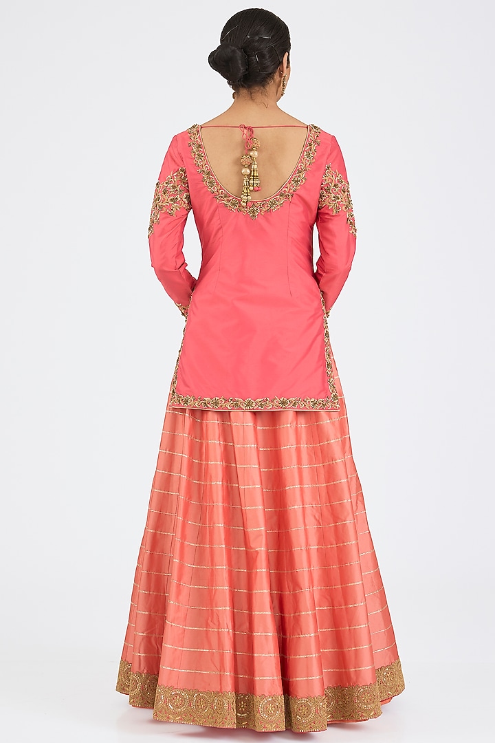 Coral Pink Taffeta Sequins Embroidered Wedding Lehenga Set by NITIKA GUJRAL at Pernia's Pop Up Shop