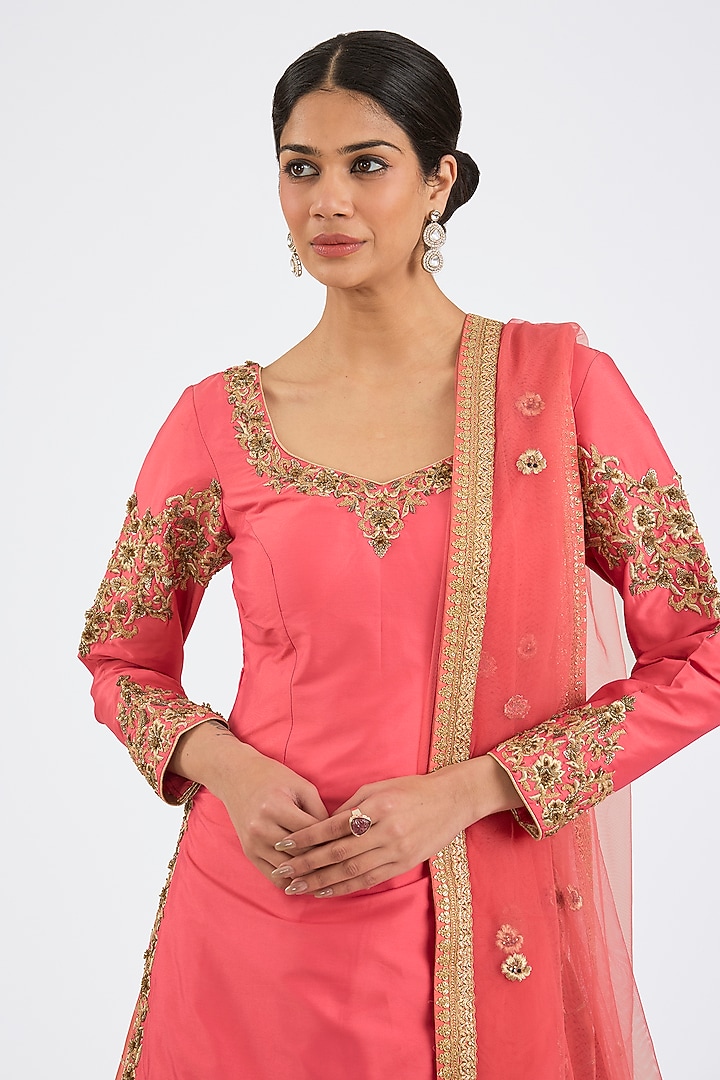 Coral Pink Taffeta Sequins Embroidered Wedding Lehenga Set by NITIKA GUJRAL at Pernia's Pop Up Shop