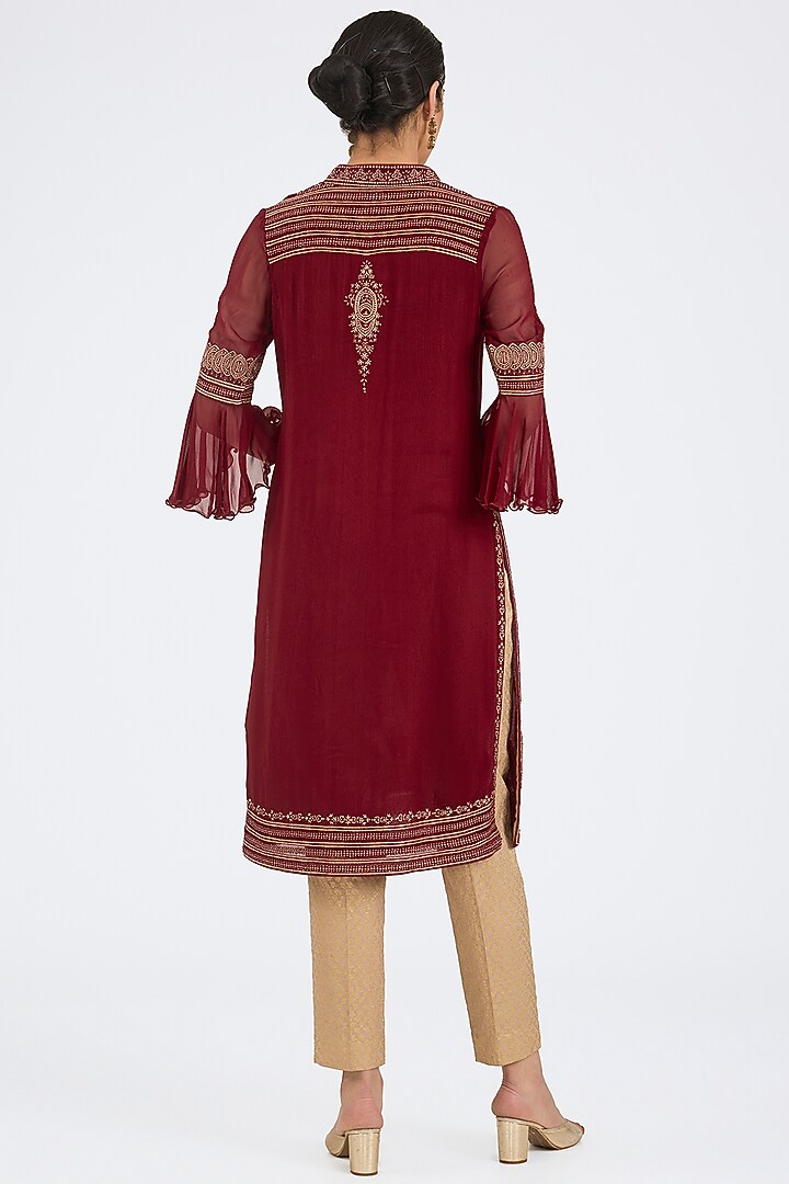 Maroon Georgette Hand & Machine Embroidered Kurta Set by NITIKA GUJRAL at Pernia's Pop Up Shop