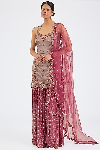 Old Rose Banarasi Hand & Machine Embroidered Sharara Set by NITIKA GUJRAL