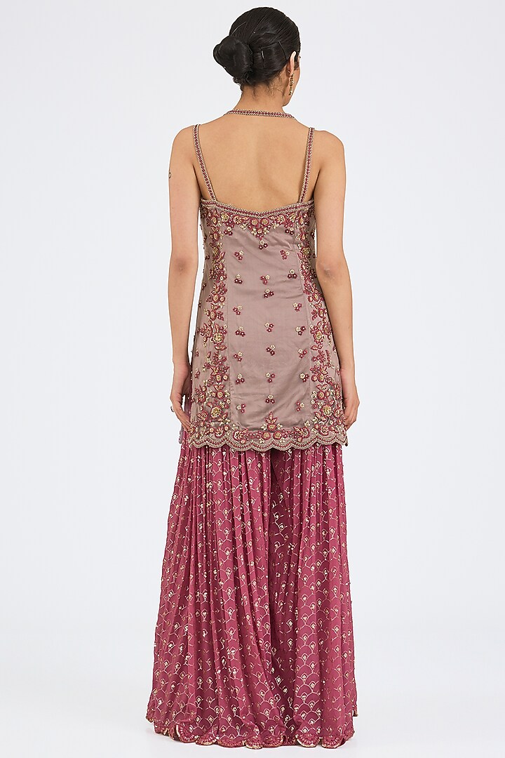 Old Rose Banarasi Hand & Machine Embroidered Wedding Sharara Set by NITIKA GUJRAL at Pernia's Pop Up Shop
