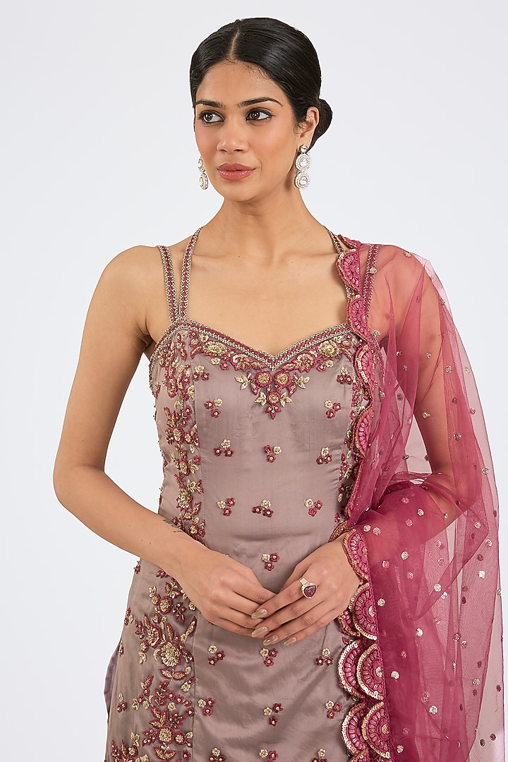 Old Rose Banarasi Hand & Machine Embroidered Wedding Sharara Set by NITIKA GUJRAL at Pernia's Pop Up Shop