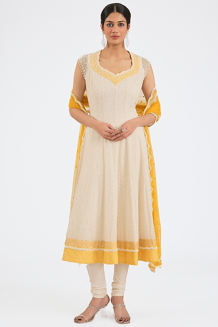 Ivory Georgette Hand Embroidered Kalidar Anarkali Set by NITIKA GUJRAL at Pernia's Pop Up Shop