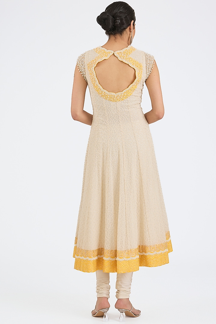 Ivory Georgette Hand Embroidered Kalidar Wedding Anarkali Set by NITIKA GUJRAL at Pernia's Pop Up Shop
