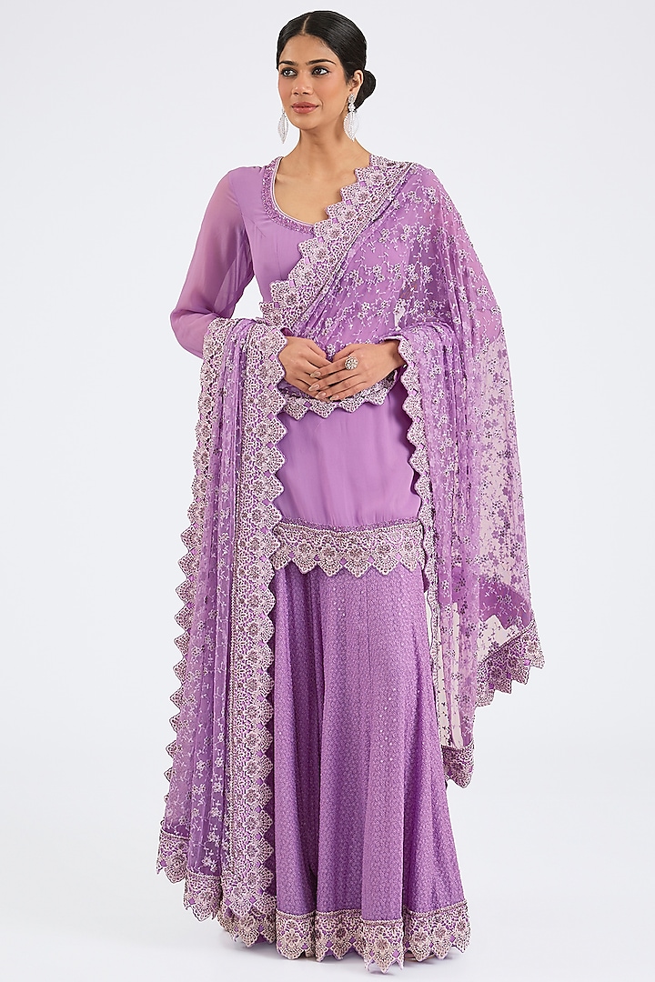 Lilac Georgette Hand & Machine Embroidered Sharara Set by NITIKA GUJRAL at Pernia's Pop Up Shop