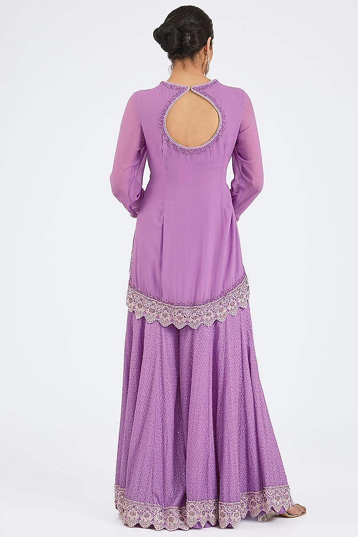 Lilac Georgette Hand & Machine Embroidered Bridal Sharara Set by NITIKA GUJRAL at Pernia's Pop Up Shop