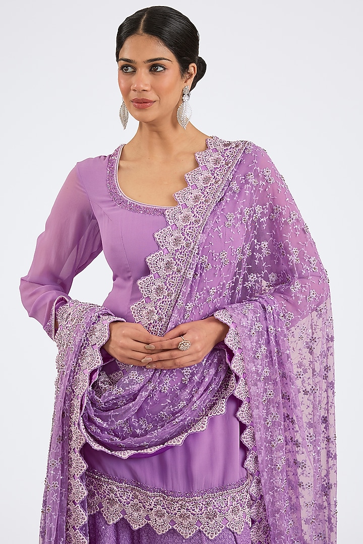 Lilac Georgette Hand & Machine Embroidered Bridal Sharara Set by NITIKA GUJRAL at Pernia's Pop Up Shop