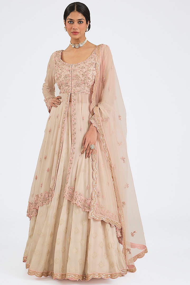 Blush Pink Shimmer Georgette Embroidered Jacket Wedding Lehenga Set by NITIKA GUJRAL at Pernia's Pop Up Shop