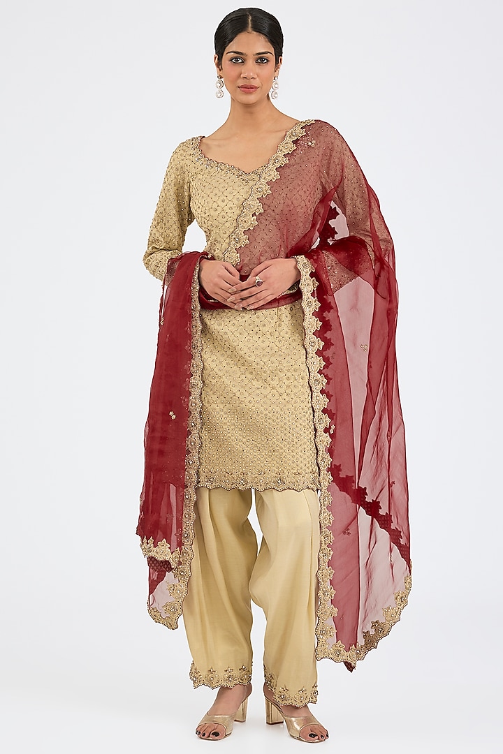 Gold Tissue Zari Hand & Machine Embroidered Kurta Set by NITIKA GUJRAL at Pernia's Pop Up Shop