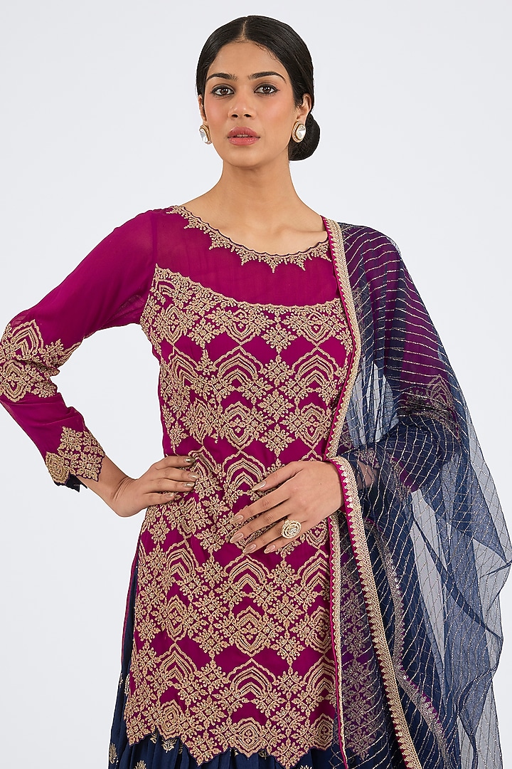 Midnight Blue Georgette Zari Embroidered Wedding Lehenga Set by NITIKA GUJRAL at Pernia's Pop Up Shop