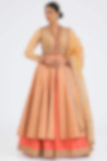 Coral Brocade Zari Embroidered Jacket Wedding Lehenga Set by NITIKA GUJRAL at Pernia's Pop Up Shop