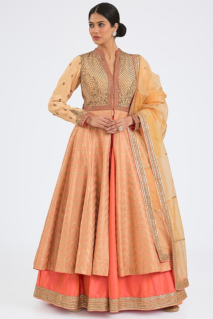 Coral Brocade Zari Embroidered Jacket Wedding Lehenga Set by NITIKA GUJRAL at Pernia's Pop Up Shop