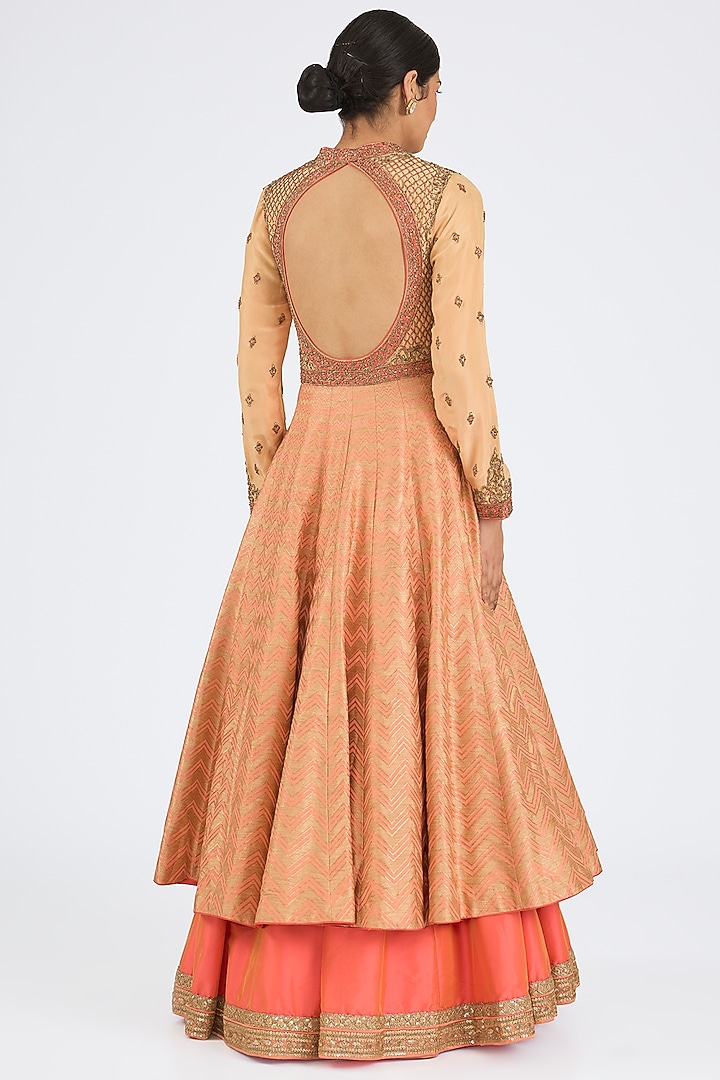 Coral Brocade Zari Embroidered Jacket Wedding Lehenga Set by NITIKA GUJRAL at Pernia's Pop Up Shop