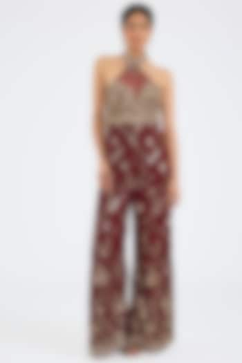 Maroon Georgette Sequins & Crystal Embroidered Jumpsuit by NITIKA GUJRAL at Pernia's Pop Up Shop