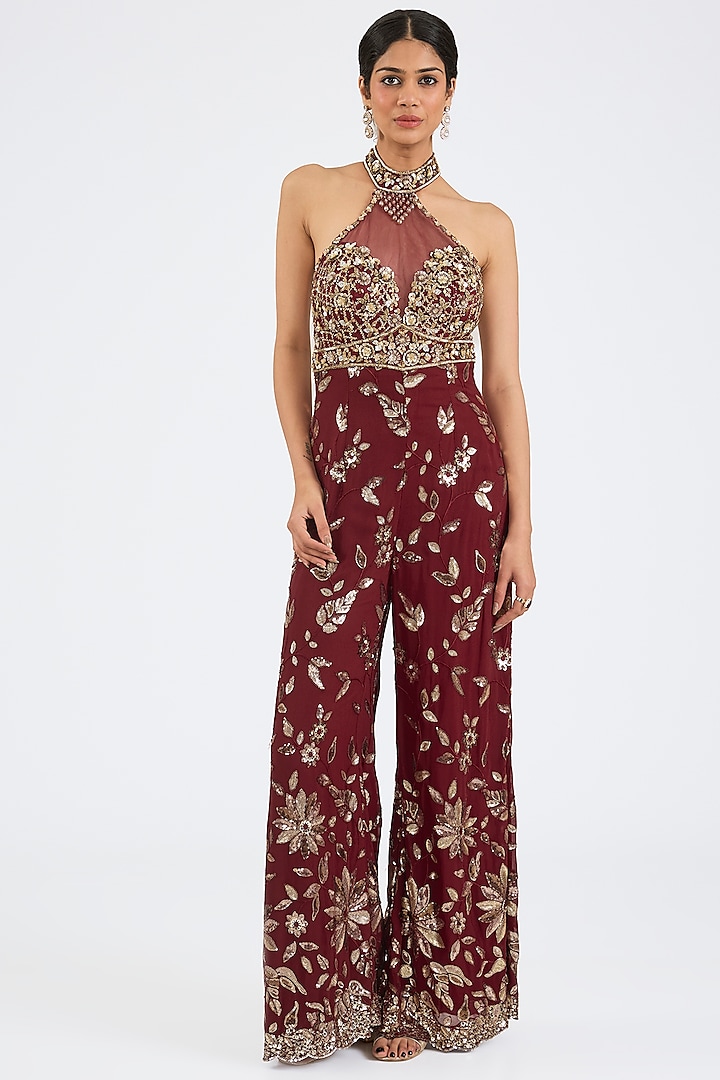 Maroon Georgette Sequins & Crystal Embroidered Jumpsuit by NITIKA GUJRAL at Pernia's Pop Up Shop