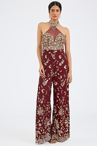 Maroon Georgette Sequins & Crystal Embroidered Jumpsuit by NITIKA GUJRAL