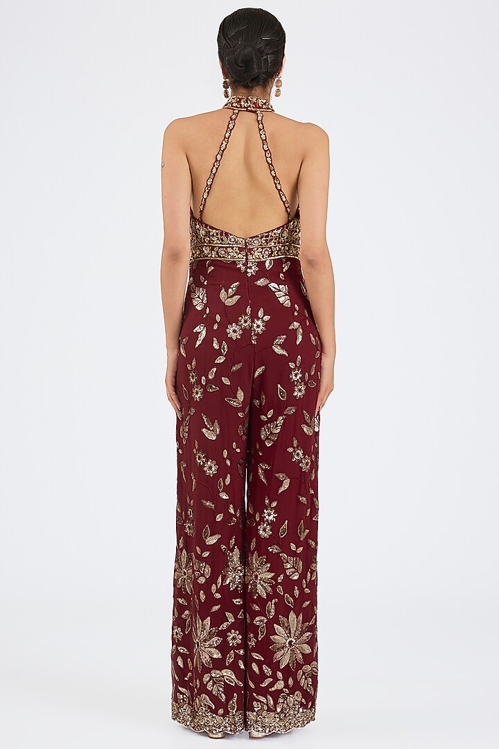 Maroon Georgette Sequins & Crystal Embroidered Jumpsuit by NITIKA GUJRAL at Pernia's Pop Up Shop
