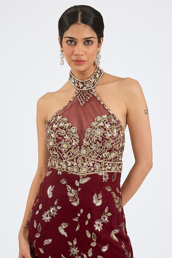 Maroon Georgette Sequins & Crystal Embroidered Jumpsuit by NITIKA GUJRAL at Pernia's Pop Up Shop