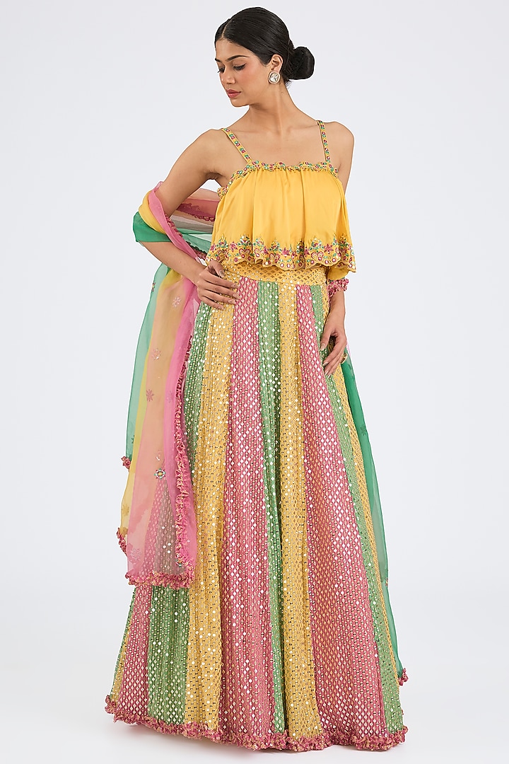 Multi-Colored Georgette Mirror Work Kalidar Wedding Lehenga Set by NITIKA GUJRAL at Pernia's Pop Up Shop