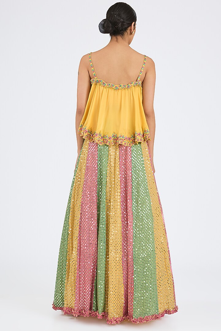 Multi-Colored Georgette Mirror Work Kalidar Wedding Lehenga Set by NITIKA GUJRAL at Pernia's Pop Up Shop