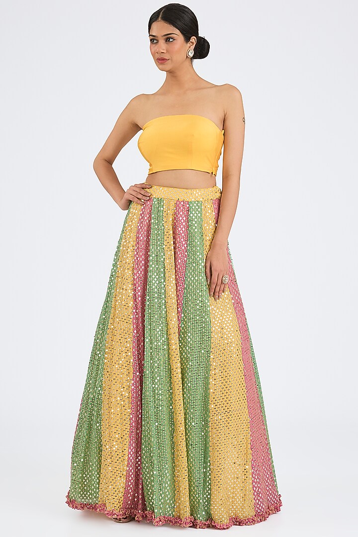 Multi-Colored Georgette Mirror Work Kalidar Wedding Lehenga Set by NITIKA GUJRAL at Pernia's Pop Up Shop