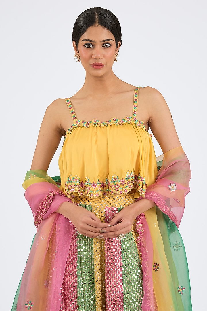 Multi-Colored Georgette Mirror Work Kalidar Wedding Lehenga Set by NITIKA GUJRAL at Pernia's Pop Up Shop