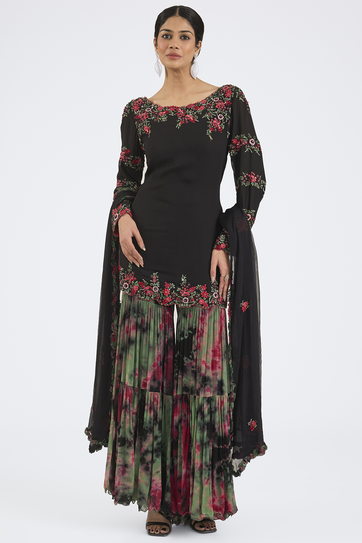 Black Georgette Tiered Tie-Dyed Sharara Set by NITIKA GUJRAL at Pernia's Pop Up Shop