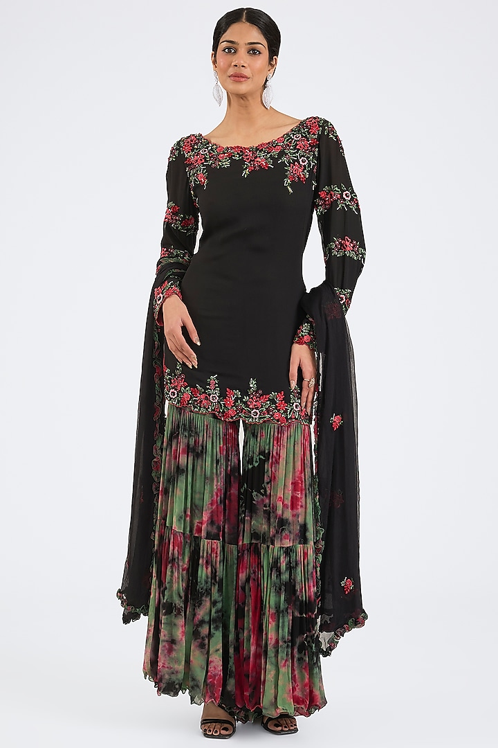 Black Georgette Tiered Tie-Dyed Sharara Set by NITIKA GUJRAL at Pernia's Pop Up Shop