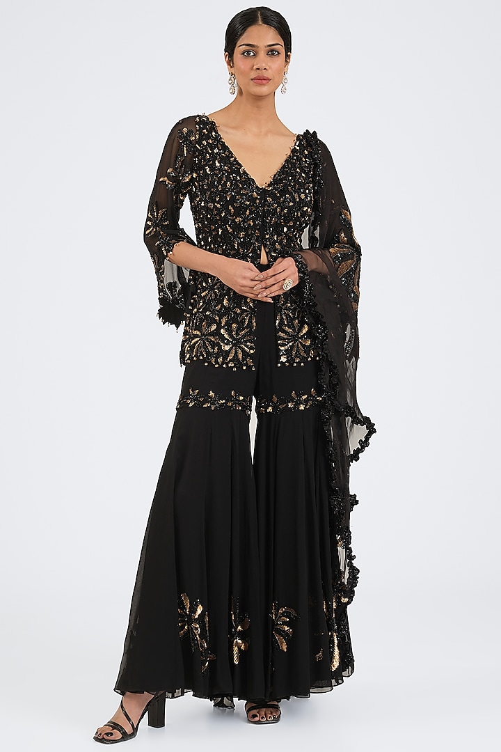 Black Georgette Sequins Embroidered Sharara Set by NITIKA GUJRAL at Pernia's Pop Up Shop