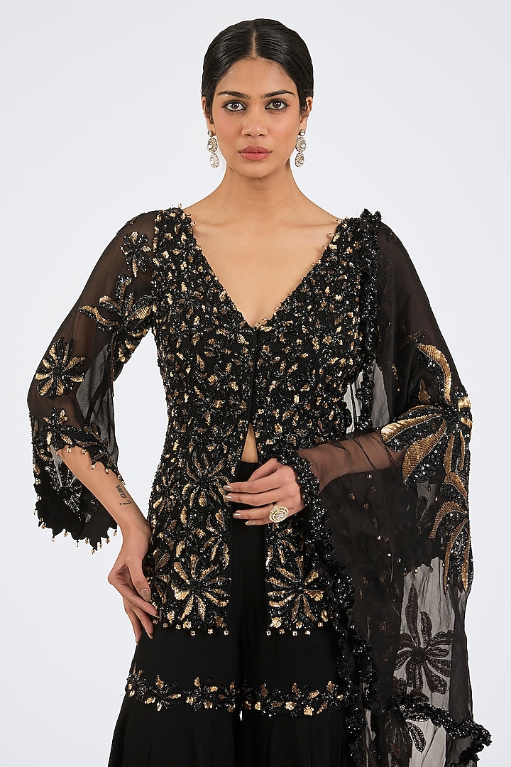 Black Georgette Sequins Embroidered Bridal Sharara Set by NITIKA GUJRAL at Pernia's Pop Up Shop