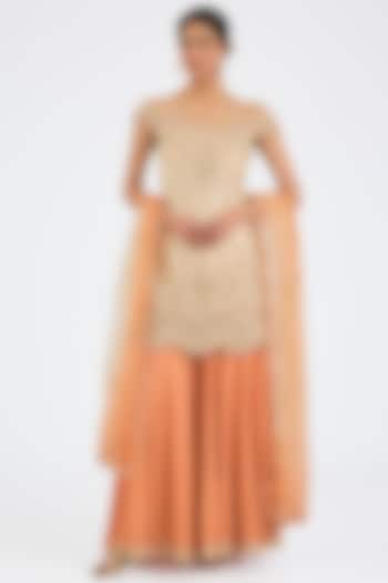 Peach Raw Silk Embroidered Gharara Set by NITIKA GUJRAL at Pernia's Pop Up Shop