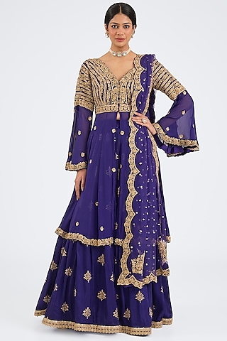 Purple Banarasi Brocade Dori Embroidered Jacket Lehenga Set by NITIKA GUJRAL