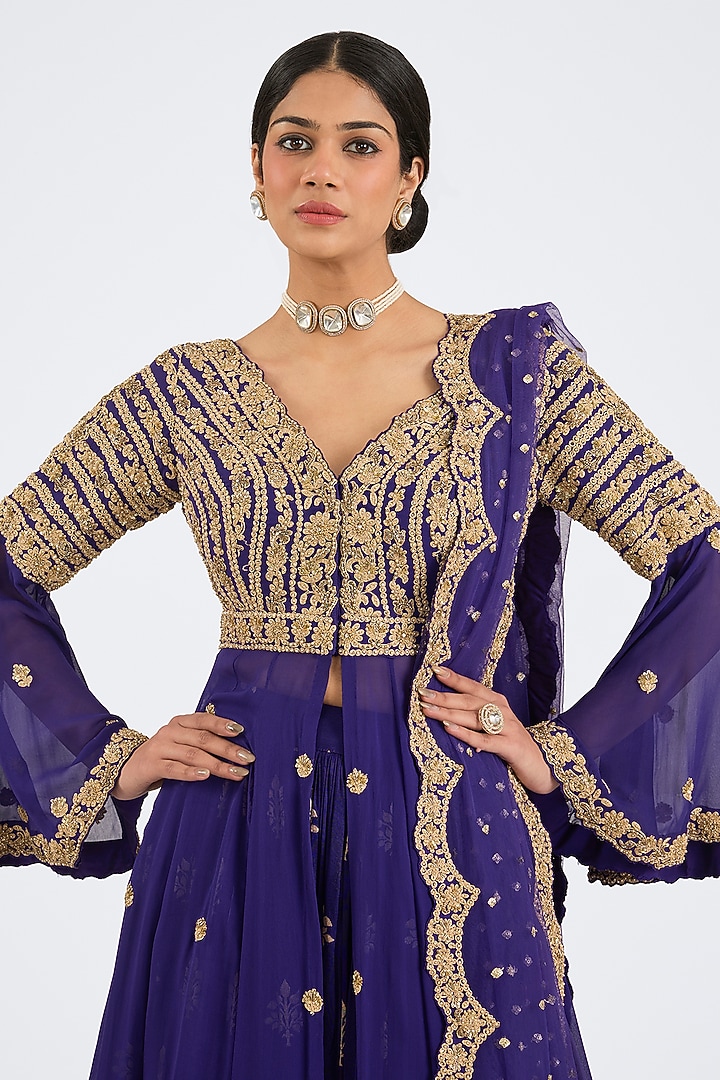 Purple Banarasi Brocade Dori Embroidered Jacket Wedding Lehenga Set by NITIKA GUJRAL at Pernia's Pop Up Shop
