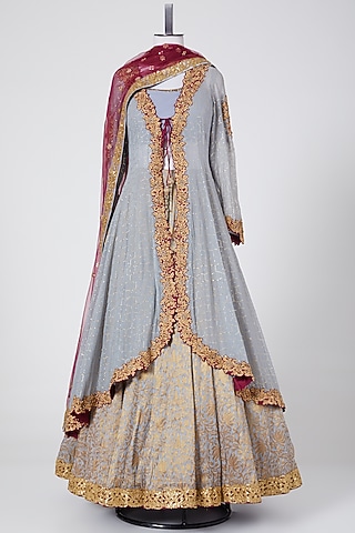 Grey Viscose Embroidered Lehenga Set by NITIKA GUJRAL