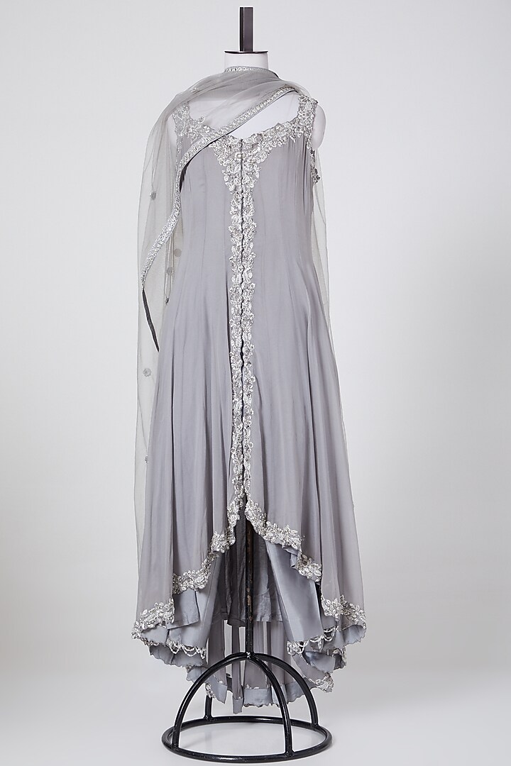 Grey Viscose Embroidered Asymmetrical Jacket Set by NITIKA GUJRAL at Pernia's Pop Up Shop