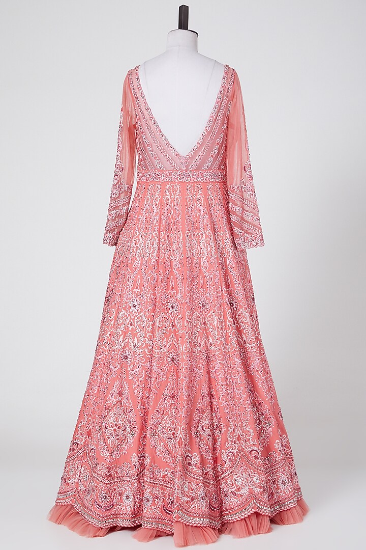 Coral Polyester Embroidered Wedding Gown With Dupatta by NITIKA GUJRAL at Pernia's Pop Up Shop