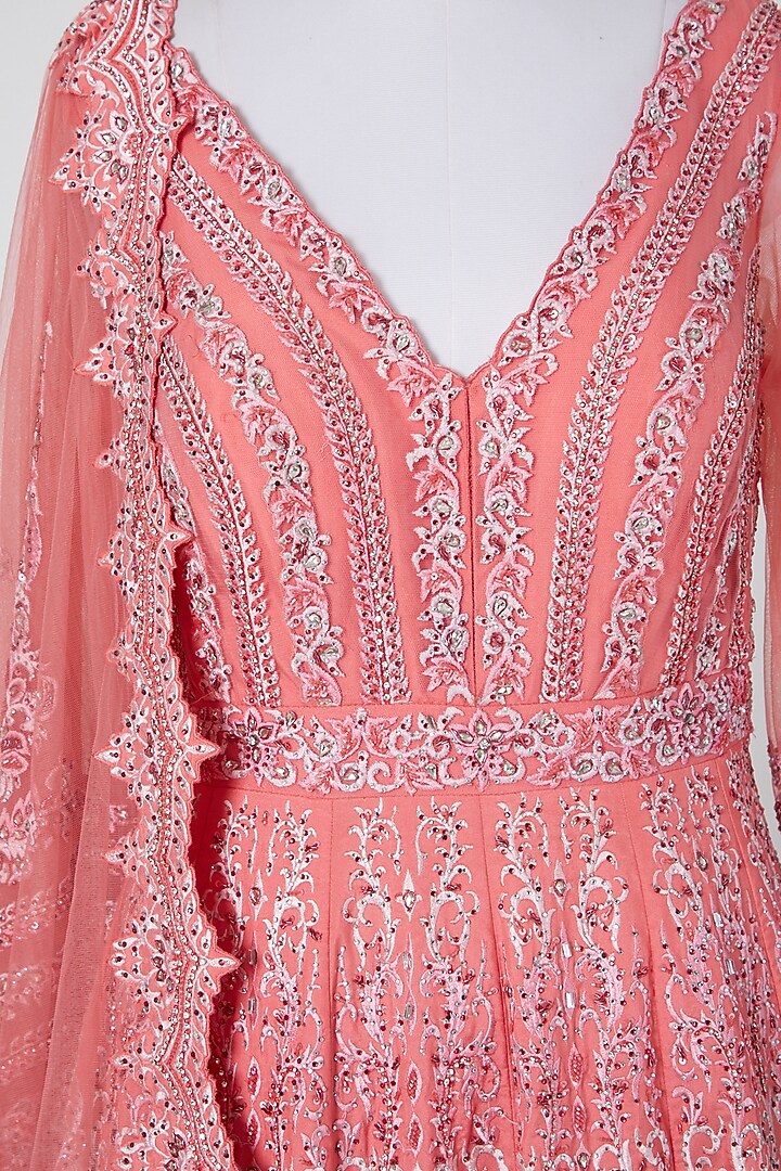 Coral Polyester Embroidered Wedding Gown With Dupatta by NITIKA GUJRAL at Pernia's Pop Up Shop