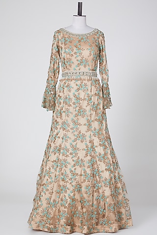 Gold Viscose Embroidered Gown by NITIKA GUJRAL