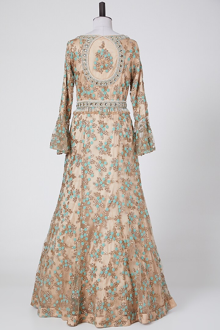 Gold Viscose Embroidered Wedding Gown by NITIKA GUJRAL at Pernia's Pop Up Shop