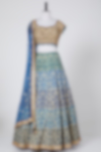 Cobalt Blue & Gold Viscose Resham Embroidered Lehenga Set by NITIKA GUJRAL