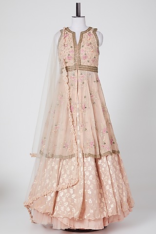 Peach Viscose Resham Embroidered Lehenga Set by NITIKA GUJRAL