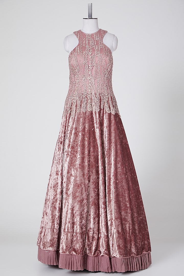 Dusty Pink Velvet & Polyester Beads Embroidered Gown by NITIKA GUJRAL