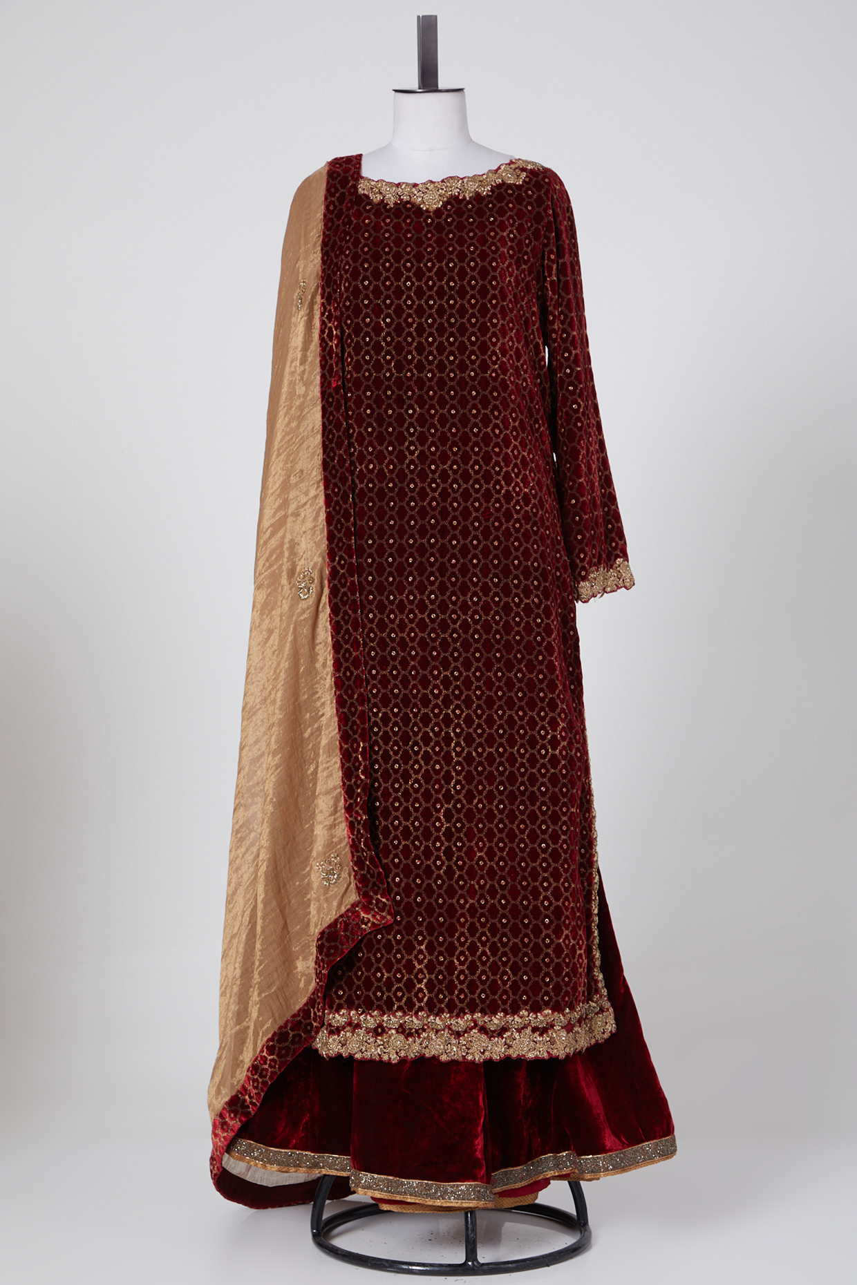 Maroon Polyester & Velvet Embroidered Wedding Sharara Set by NITIKA GUJRAL at Pernia's Pop Up Shop